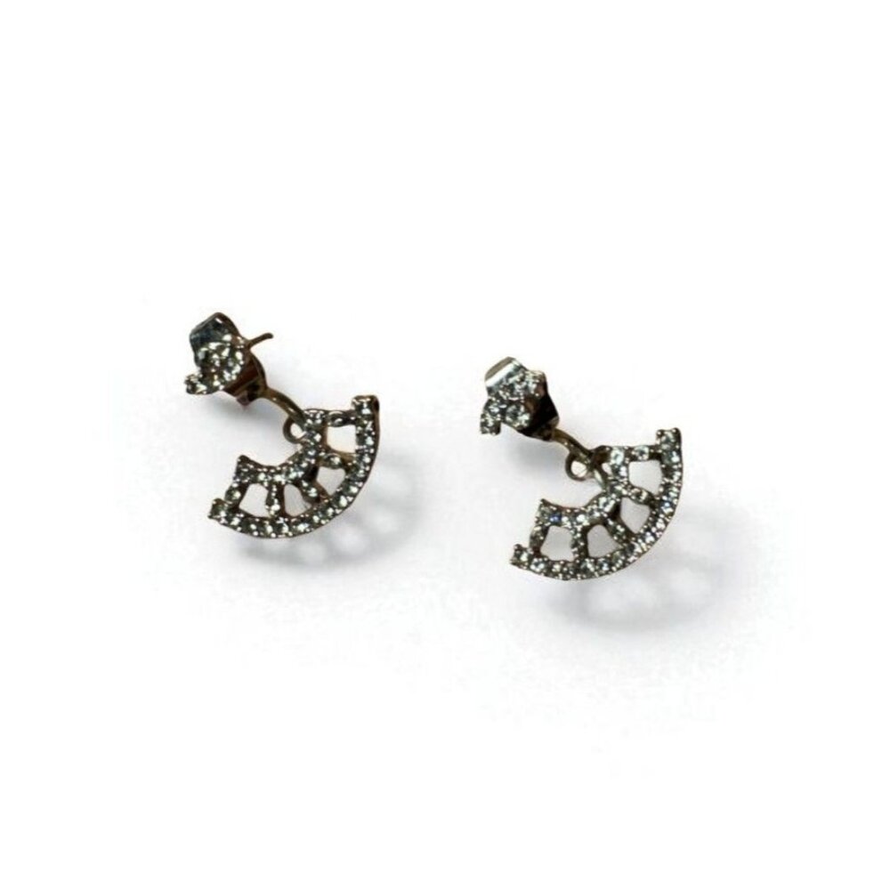 Vintage Silver Cubic Zirconia Fan Shape Drop Earrings Elegant Party Wedding - Picture 3 of 10